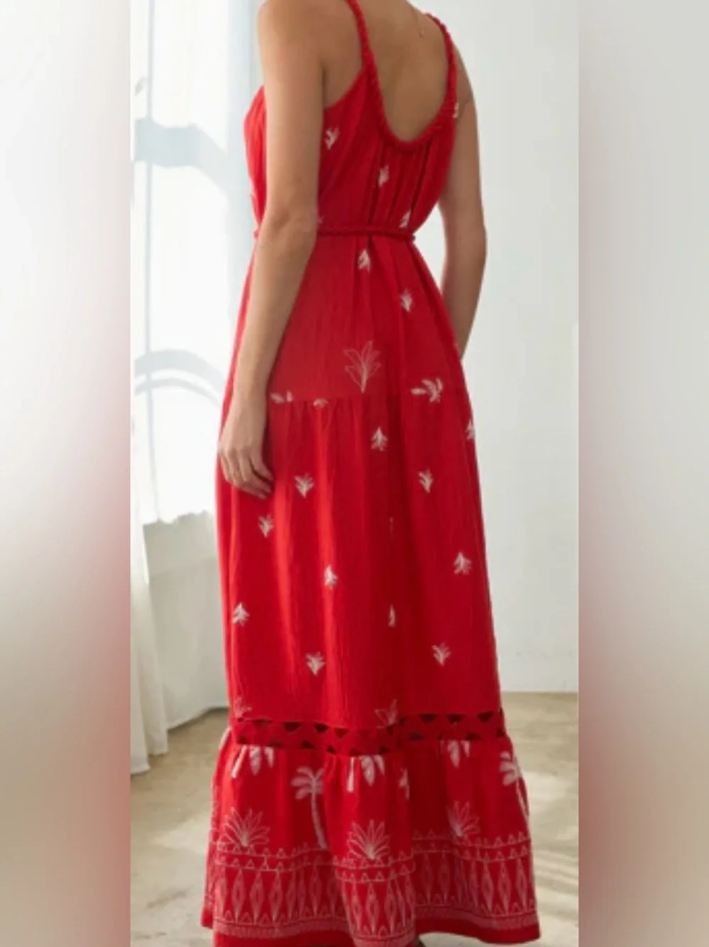 Red Embroidered Maxi Dress with Waist Tie